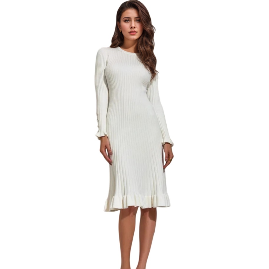 Bodycon Long Sleeve Ribbed Dress - Vestido ajustado de manga larga de