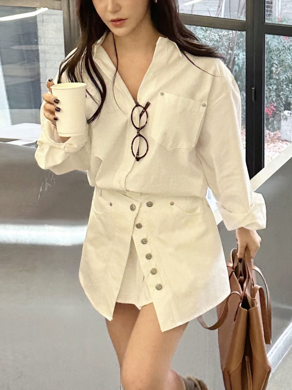 Korean Style A Line Shirt Dress - Vestido Camisero Blanco para Mujer, Estilo