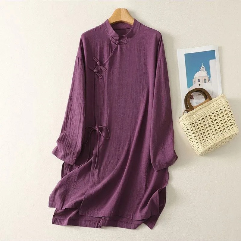 Casual Loose Linen Shirt Dress - Vestido Túnica de Lino Estilo Chino