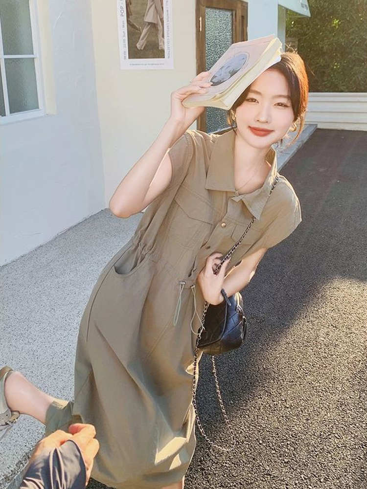 Korean Style A Line Shirt Dress - Vestido Camisero Estilo Coreano para Mujer,