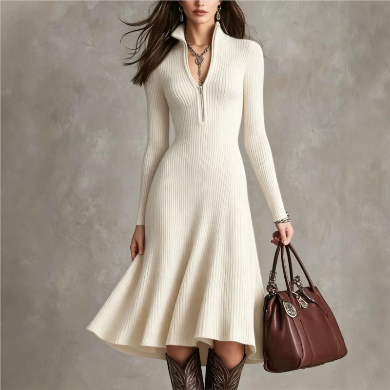 Bodycon Long Sleeve Ribbed Dress - Vestido midi de punto acanalado para