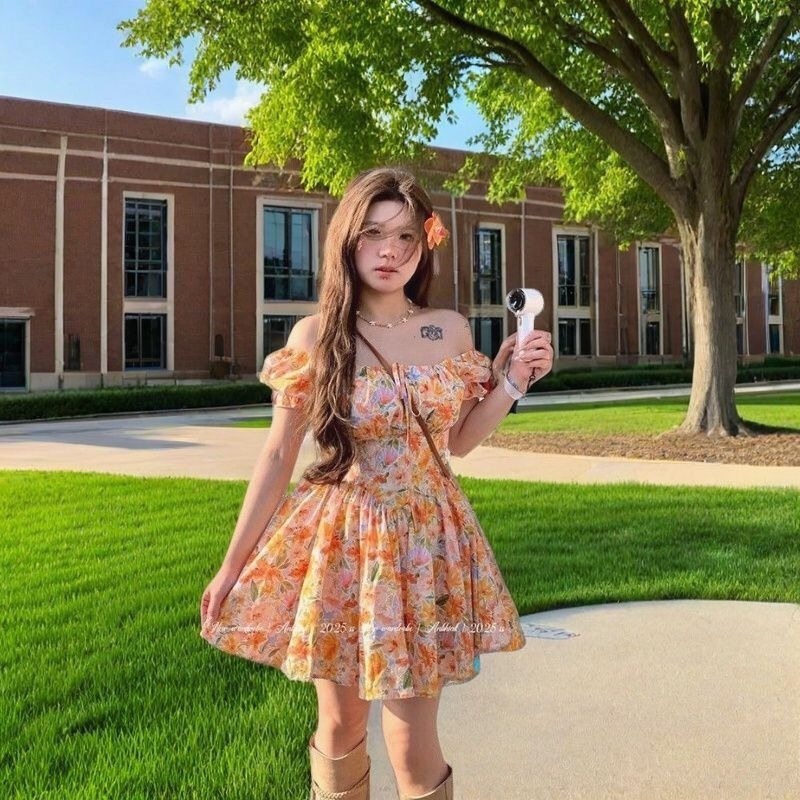 Off Shoulder Puff Sleeve Sundress - Vestido corto naranja con estampado floral,