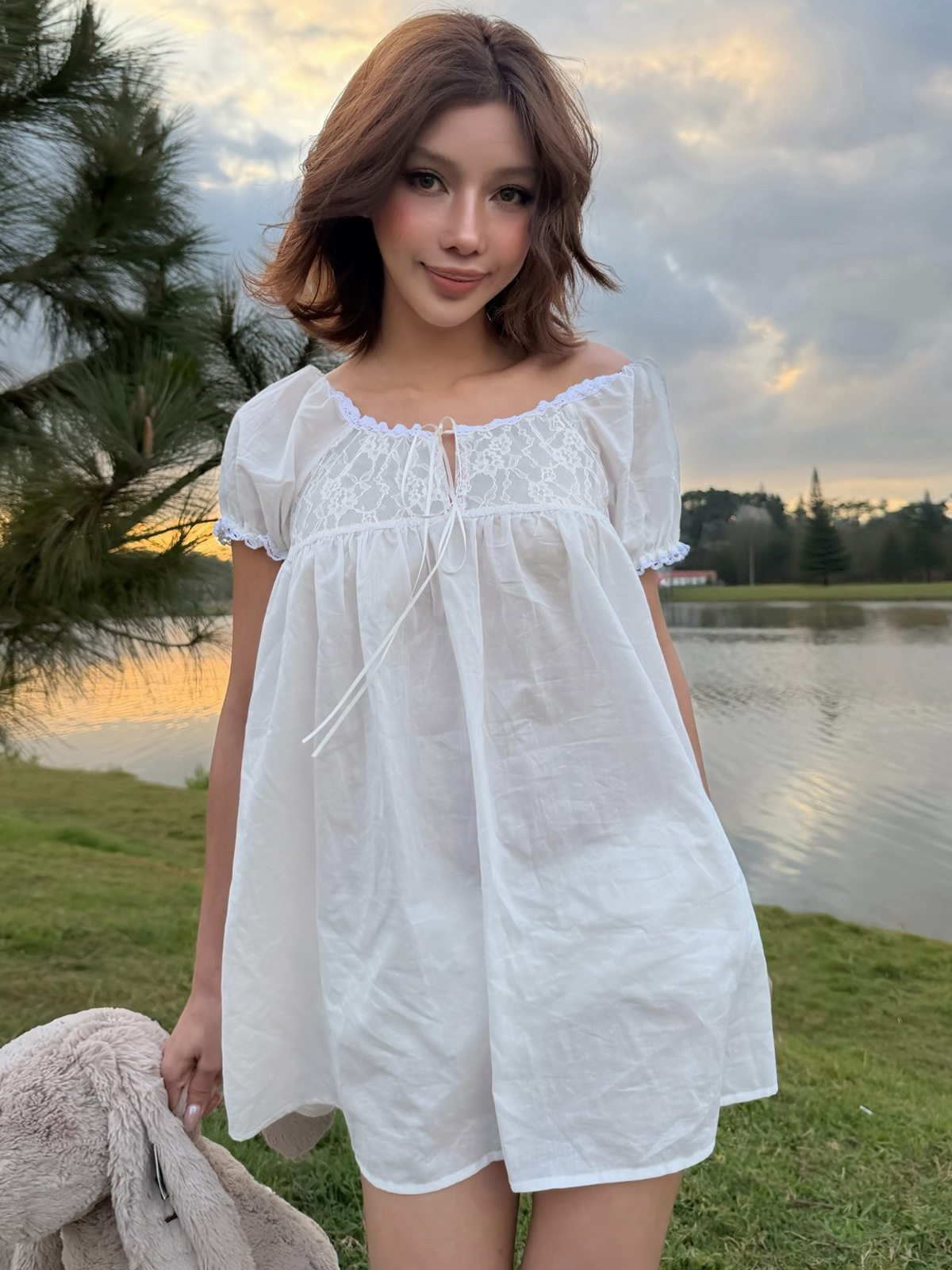 Vestido mini blanco de encaje  - Off Shoulder Puff Sleeve Sundress reseña y precio