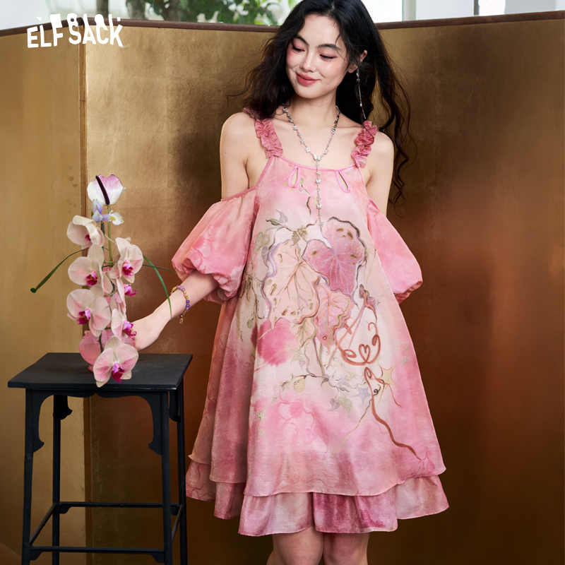 ELFSACK Vestido de gasa jacqua - Off Shoulder Puff Sleeve Sundress reseña y precio