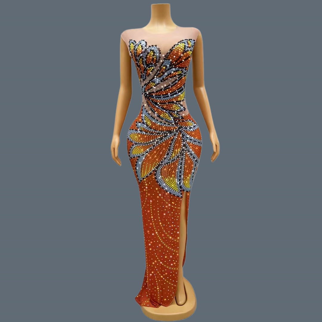 Vestido Maxi de Malla sin Mang - Sparkly Rhinestone Club Party Dress reseña y precio
