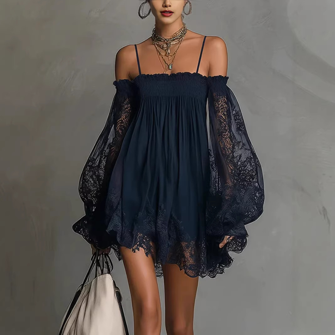Vestido Mini de Encaje con Hom - Off Shoulder Puff Sleeve Sundress reseña y precio