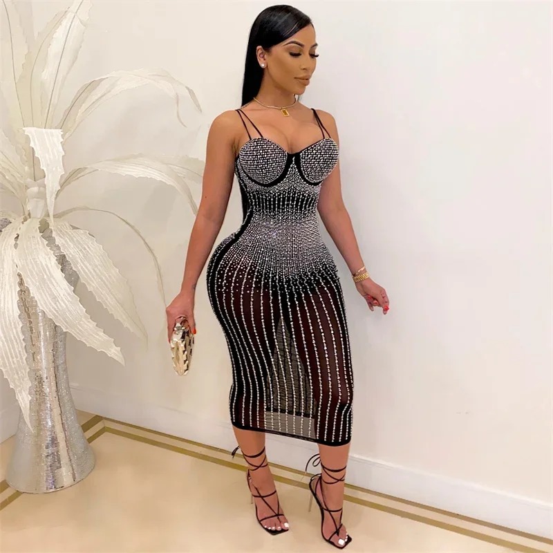 Vestido Sexy transparente con  - Sparkly Rhinestone Club Party Dress reseña y precio