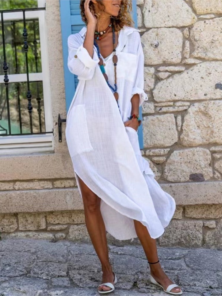 Vestido camisero blanco para m - Casual Loose Linen Shirt Dress reseña y precio