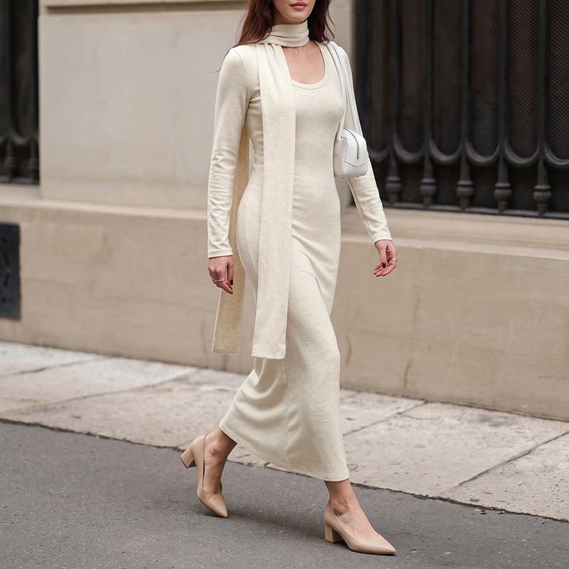 Vestido largo de punto acanala - Bodycon Long Sleeve Ribbed Dress reseña y precio